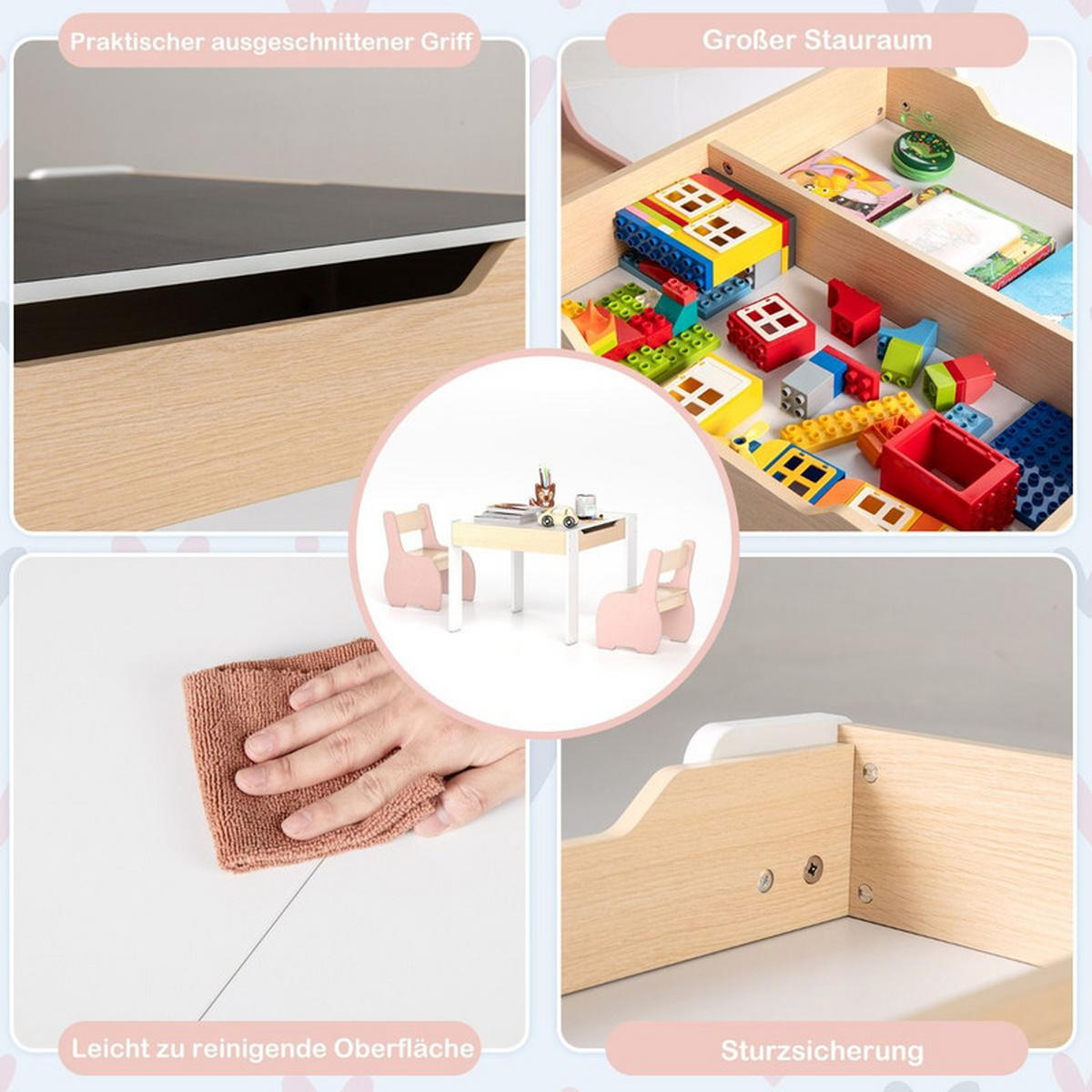 KINDERTISCH mit Stuhl rosa(3-tlg) - Pink, Holzwerkstoff (63.5/48/61.5cm) - COSTWAY