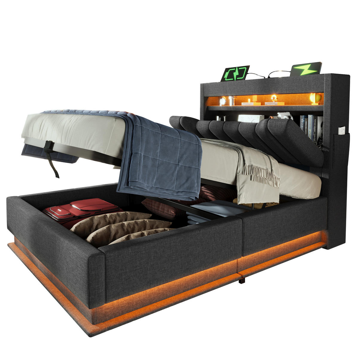 POLSTERBETT 90/200 cm Grau aus Leinen mit LED, USB/Typ-C und Bettkasten mit Matratze - Grau, Textil (90/200cm) - OKWISH