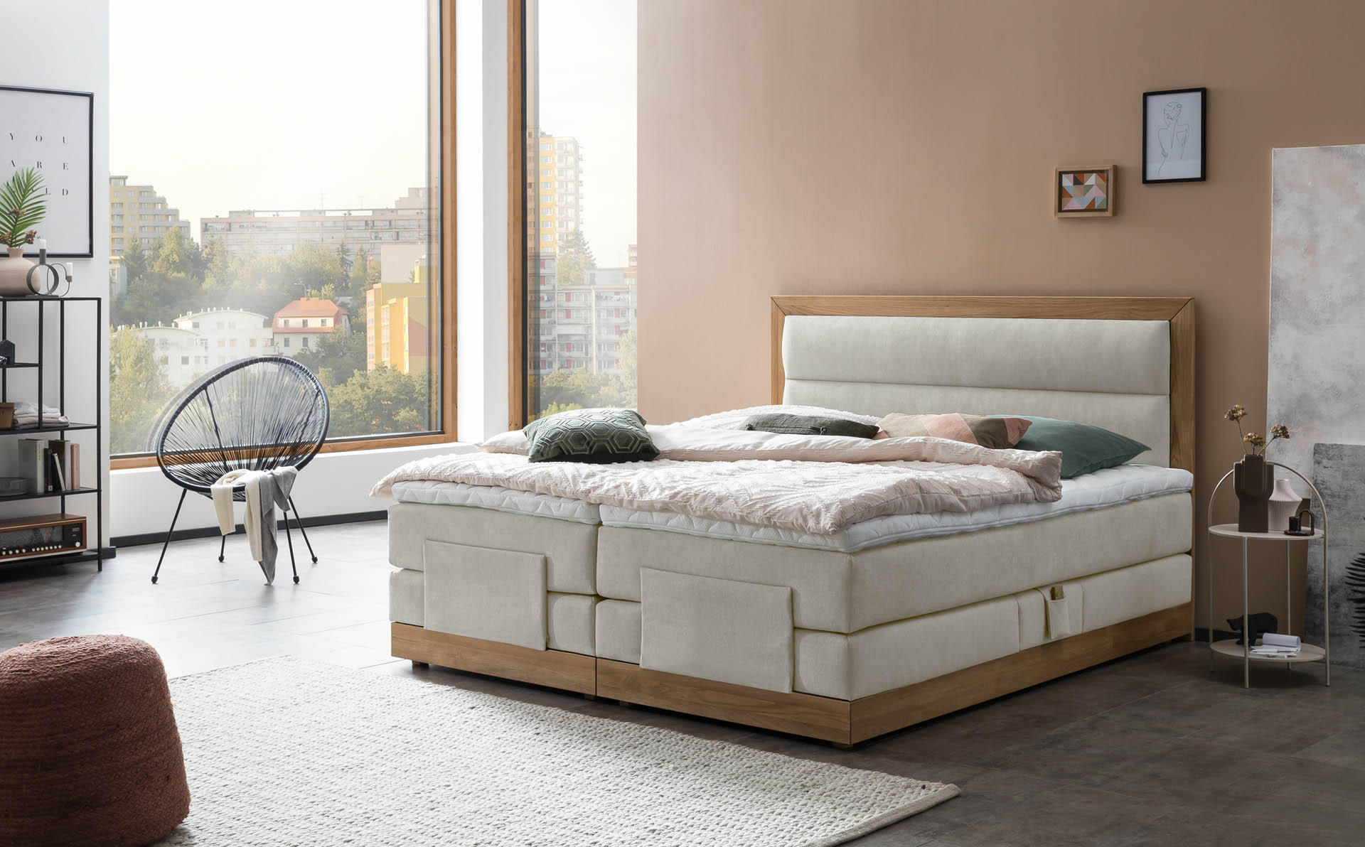 BOXSPRINGBETT ELEKTRISCH VERSTELLBAR MODELA 160x200 Beige H2 und H3 Motorbett in Eiche mit 7-Zonen Taschenfederkern Matratze inkl. Visco Topper - Beige, Textil (160/200cm) - Belanoti