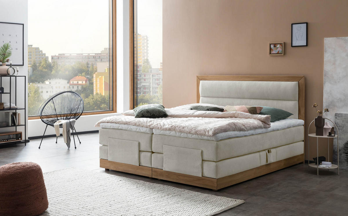 BOXSPRINGBETT ELEKTRISCH VERSTELLBAR MODELA 180x200 Beige H2 und H3 Motorbett in Eiche mit 7-Zonen Taschenfederkern Matratze inkl. Visco Topper - Beige, Textil (180/200cm) - Belanoti