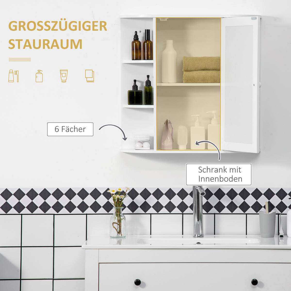 SPIEGELSCHRANK, MDF, Weiß, 66 x 17 x 63 cm - Weiß, Metall (17/63/66cm) - HOMCOM