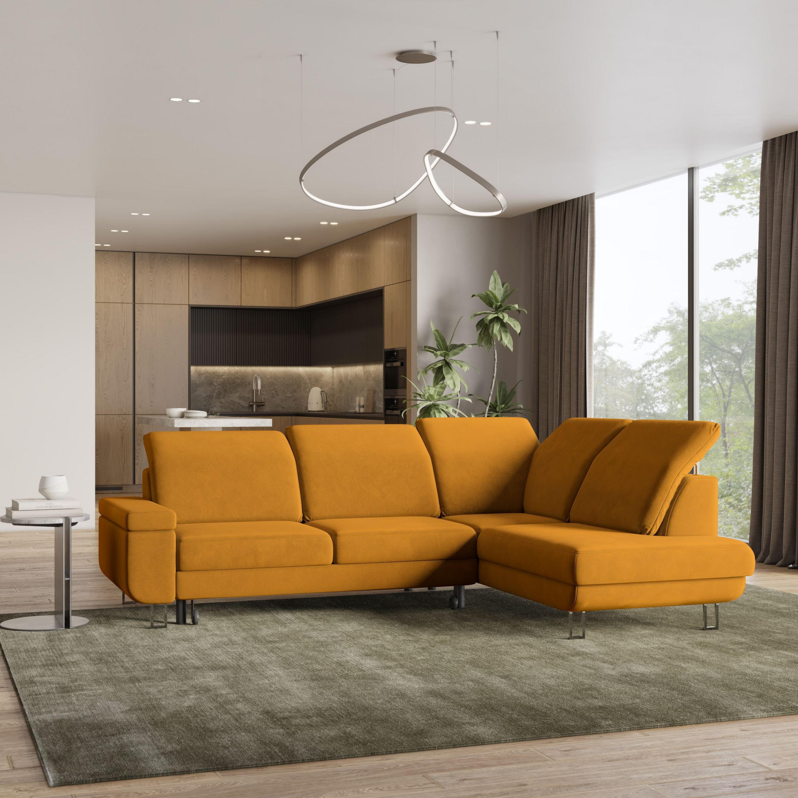 ECKSOFA LERMA R-S Gelb Velours-Stoff mit Schlaffunktion - Gelb, Holz (253/190cm) - MASSENO