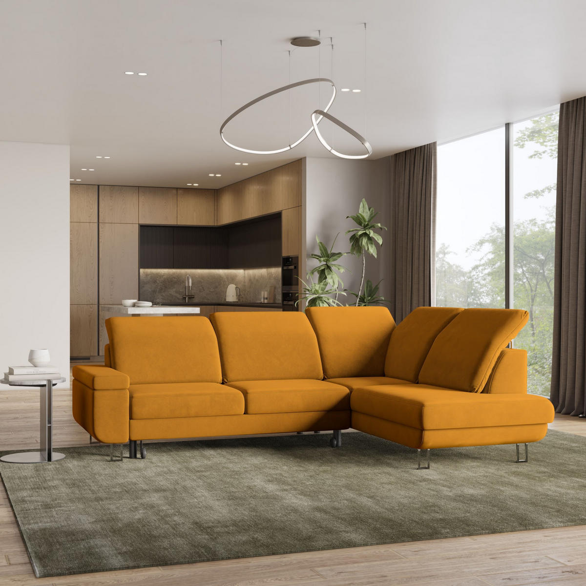 ECKSOFA LERMA R-S Gelb Velours-Stoff mit Schlaffunktion - Gelb, Holz (253/190cm) - MASSENO