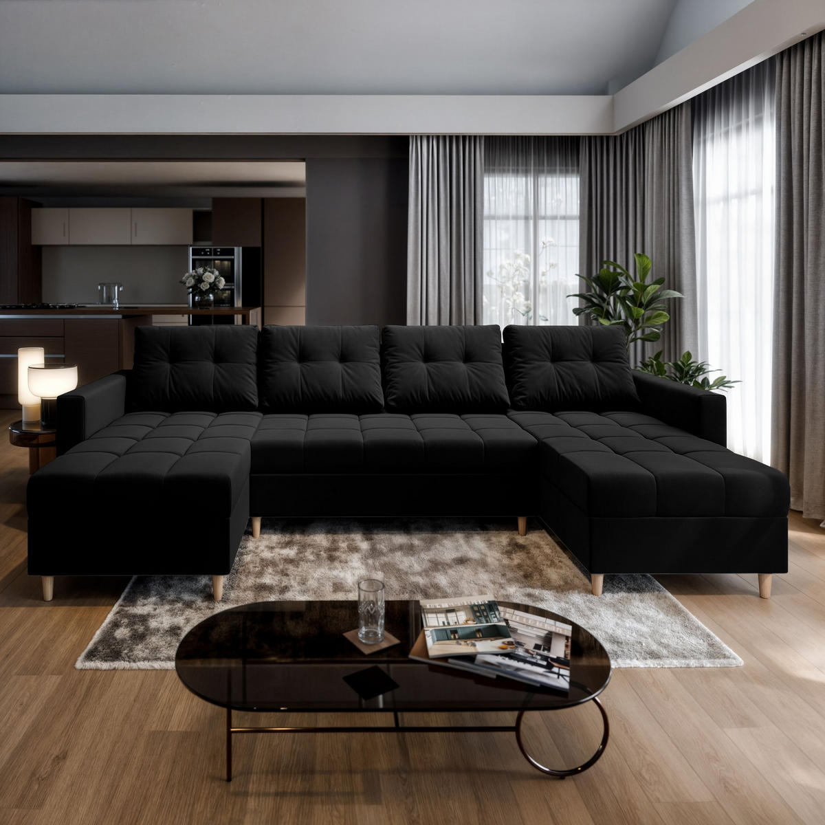 WOHNLANDSCHAFT MILO U Schwarz Plüsch-Stoff mit Schlaffunktion - Schwarz, Holz (285/91/140cm) - MASSENO