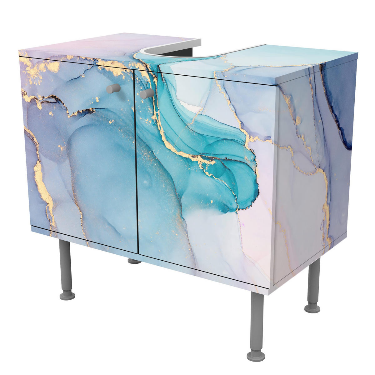 WASCHBECKENUNTERSCHRANK Aquarell Pastell Türkis mit Gold 60/55/35 cm - Pastellblau, Holzwerkstoff (60/55/35cm) - Bilderwelten