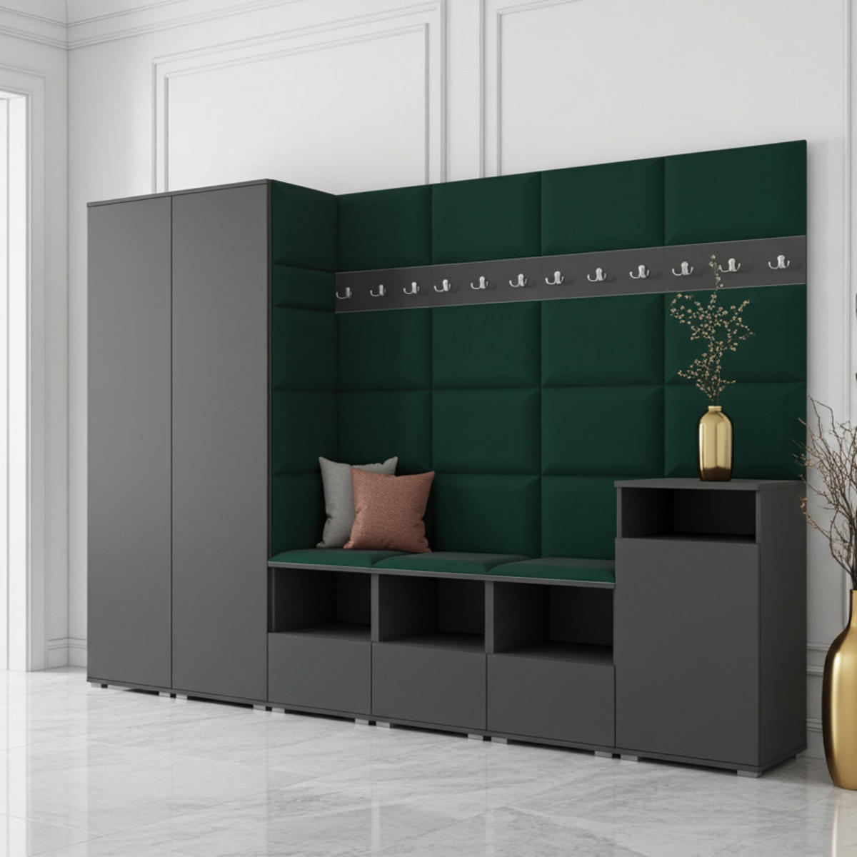 GARDEROBE NELA XII 300 cm (Modulare Flurmöbel Graphit mit Sitzpolster Flaschengrün 28 Gigantisches Set) - Dunkelgrün/Silberfarben, Holz/Holzwerkstoff (300/187/40cm) - Ravio