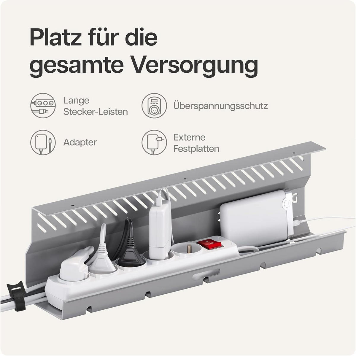 KABELKANAL Schreibtisch Grau, 2x43cm, Hochwertiger Stahl - Grau, Metall (43/12/10cm) - Desktronic