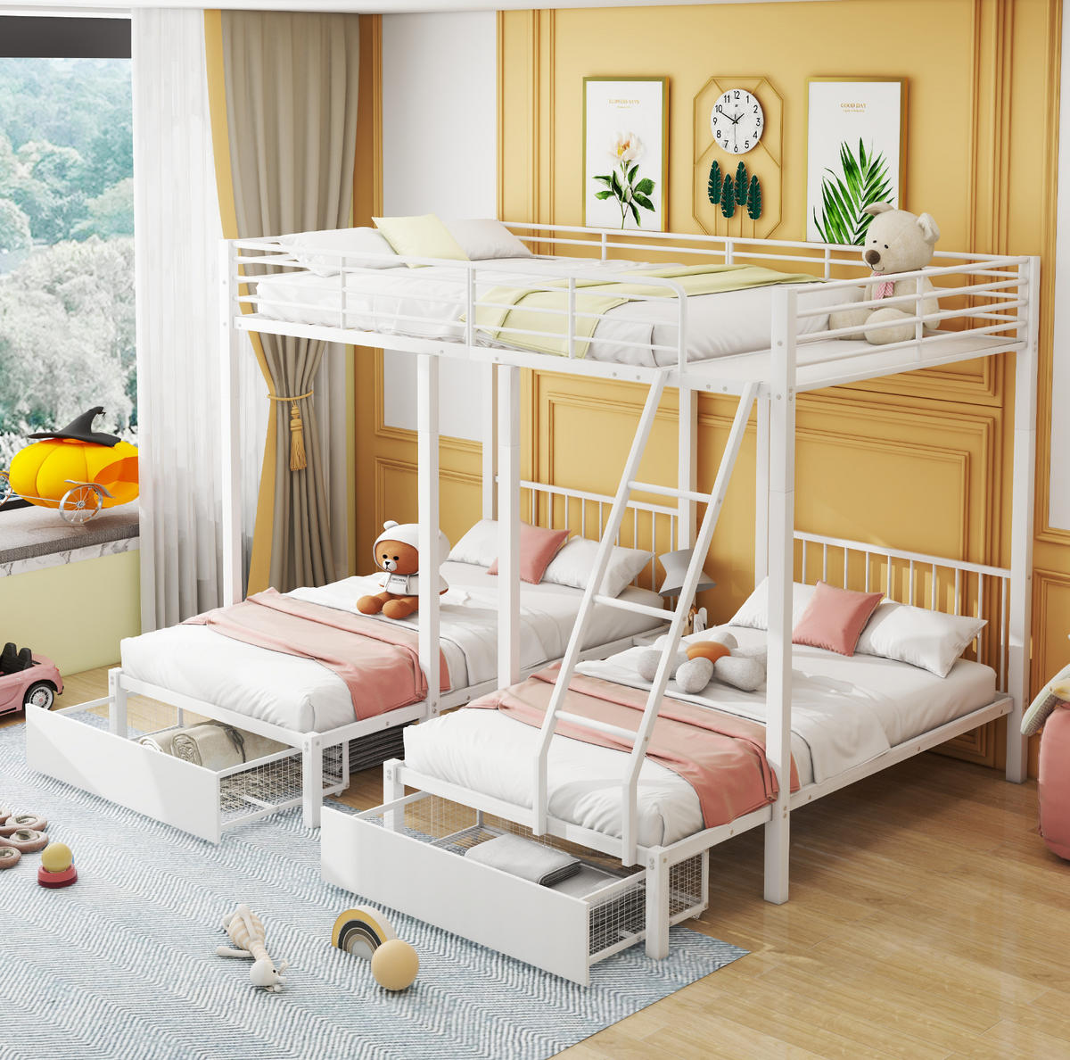 ETAGENBETT 140/200 cm weiß aus Metall mit 2 Schubladen teilbar - Weiß, Metall (140/200cm) - OKWISH