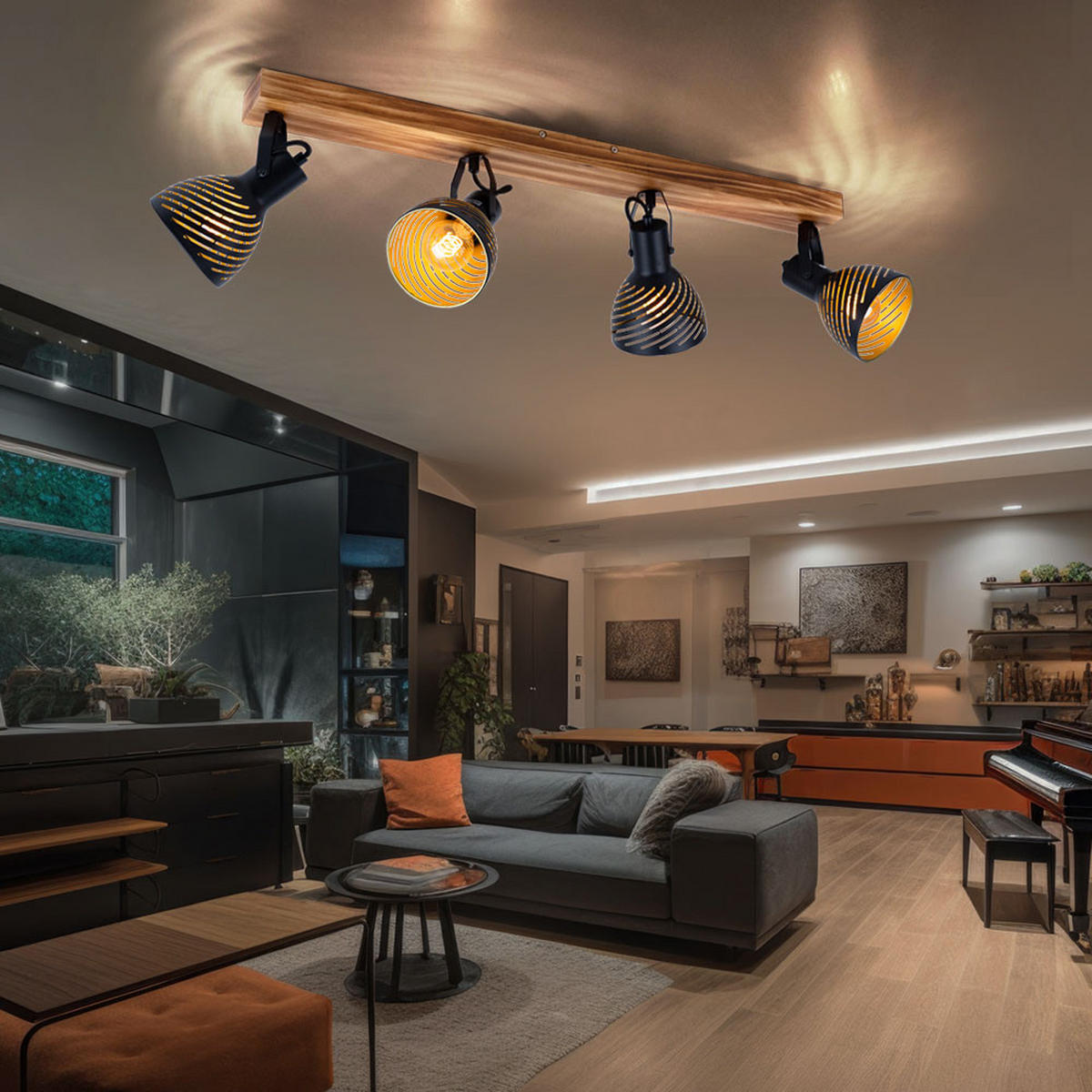 DECKENLEUCHTE Holz Metall Braun Schwarz Gold - Braun, Holz (80/12.5/25cm) - Globo Lighting