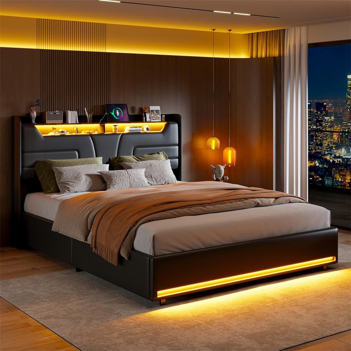 POLSTERBETT 140x200cm mit Hydraulischem Stauraum - RGB-LED-Beleuchtung - Ladefunktion am Kopfteil - ohne Matratze - Schwarz - Schwarz, Textil (140/200cm) - DELFA