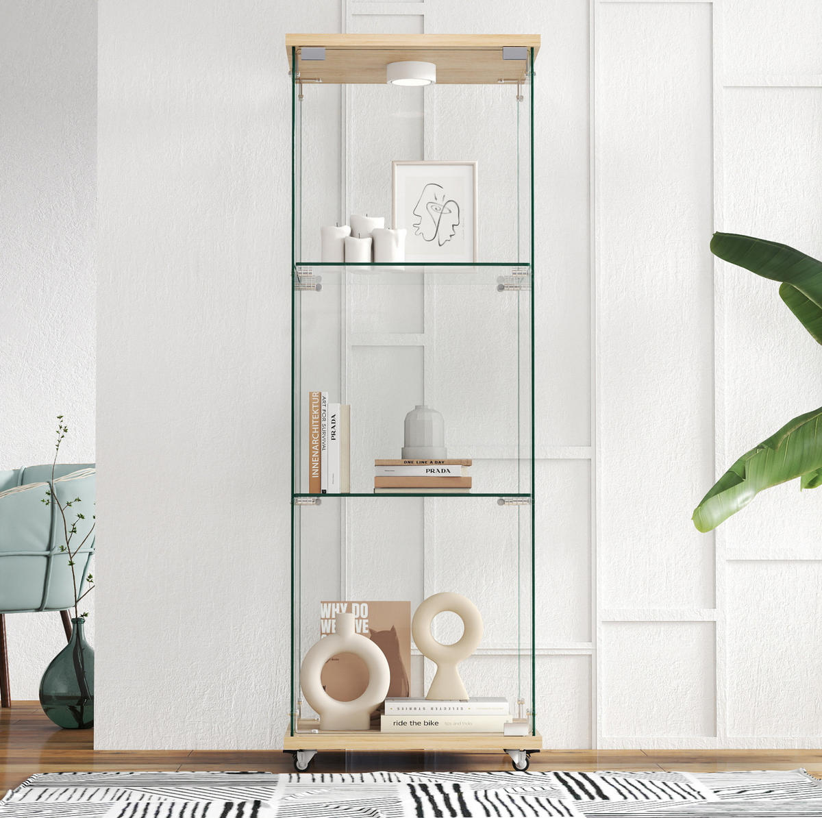 VITRINE 42,5/36,5/120 cm aus MDF und Glas mit LED-Beleuchtung Naturfarben - Naturfarben, Holzwerkstoff (42.5/120/36.5cm) - Modenvie