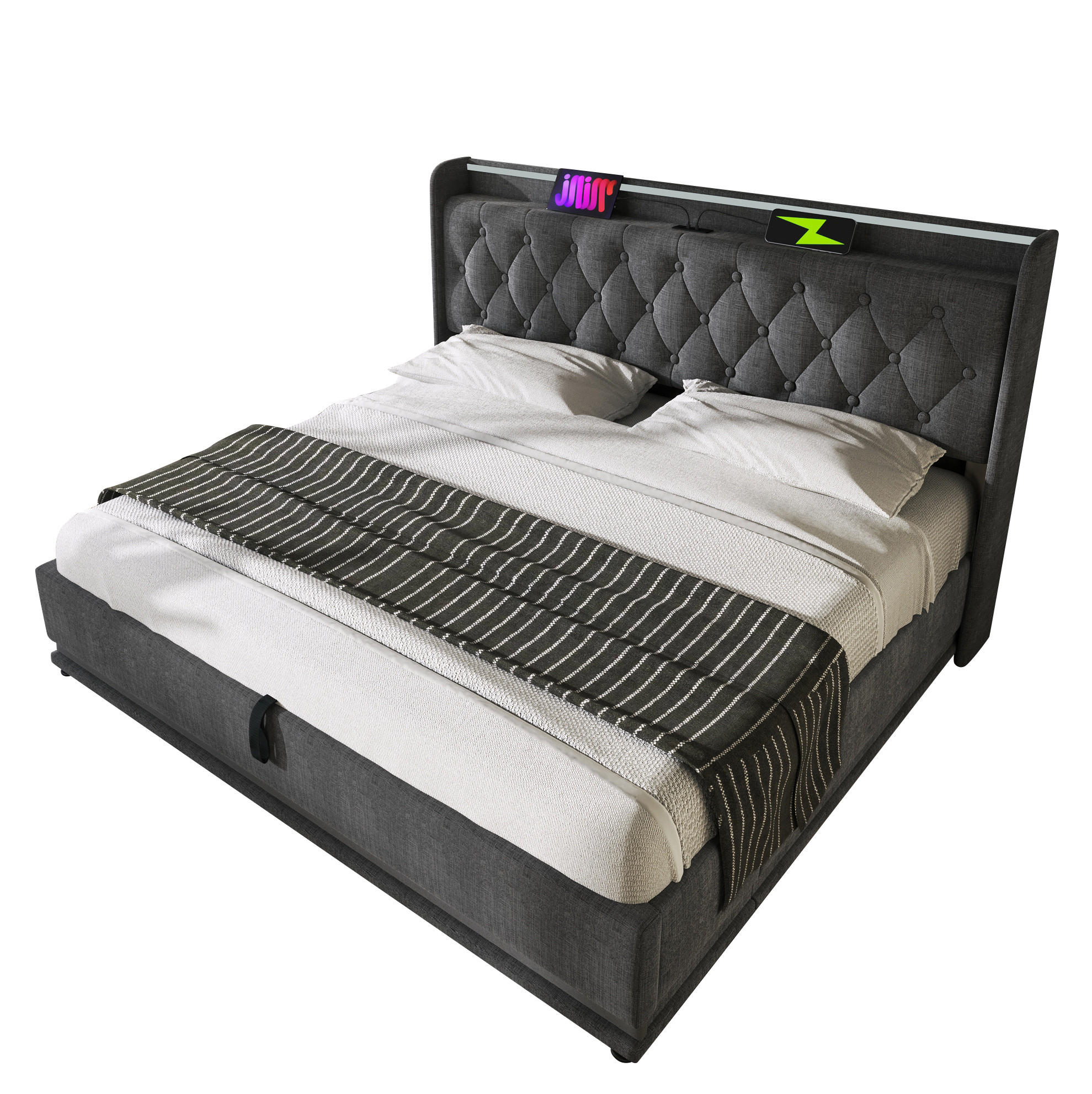 Modfu ČALOUNĚNÁ postel z lněné tkaniny 140x200 cm šedá s 360° LED, USB-C a hydraulickým úložným prostorem