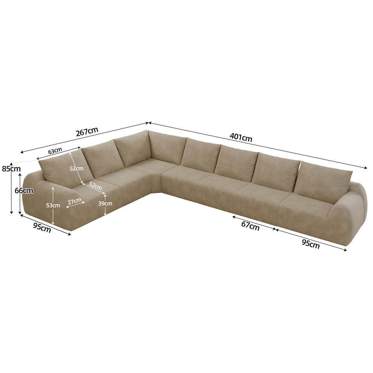 ECKSOFA 401/267/85 cm Khaki Chenille, 7-Sitzer - Sandfarben/Graubraun, Textil (401/267cm) - Oxeza