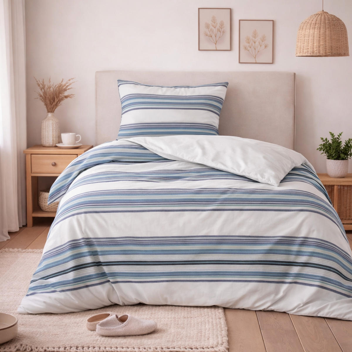 BETTWÄSCHE Byrklund 2-teilig 135x200/80x80cm Two Ways White/Blue - Pastellblau, Naturmaterialien (135/200cm)