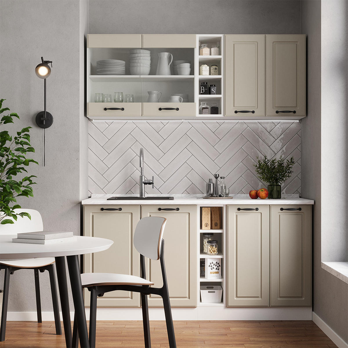 SINGLEKÜCHE R-Line, Sand Landhaus/Weiß, 160 cm Arbeitsplatte Anthrazit - Beige/Weiß, Holzwerkstoff (160/81.6/60cm) - Vicco