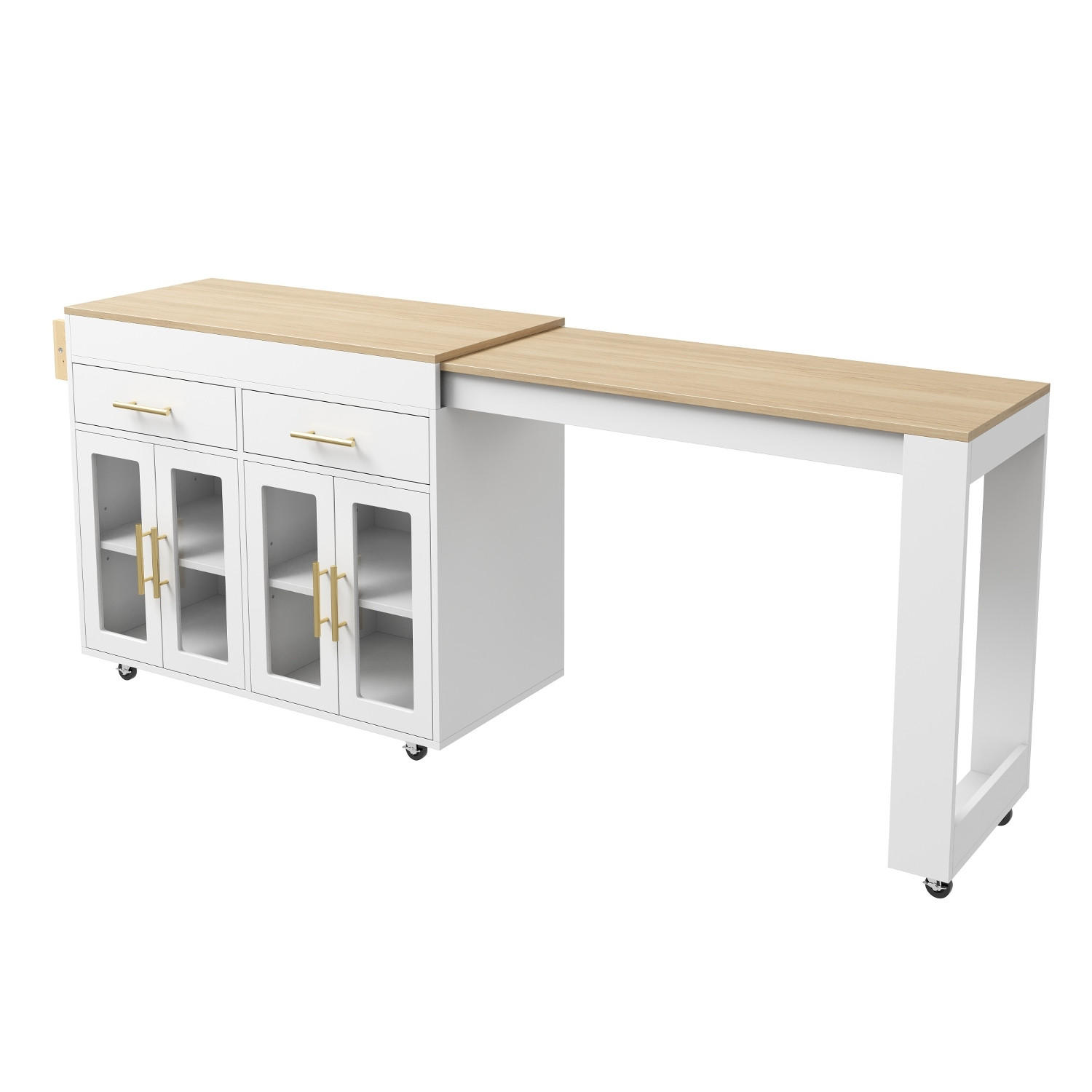 KÜCHENINSEL mit Rollen, AUSZIEHBARER BARTISCH, MDF Weiß, mit Glastüren, 132,5-217/50/93 cm - Weiß, Holzwerkstoff (50/93/217cm) - Rolipo
