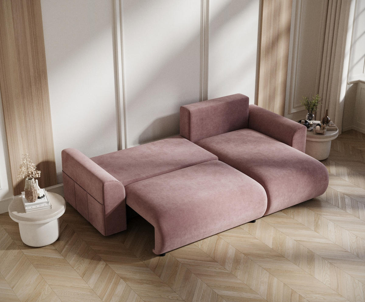ECKSOFA MIT SCHLAFFUNKTION Bodega Rose Samtstoff - Schwarz/Rosa, Holz/Holzwerkstoff (235/138cm) - Maison de Reve