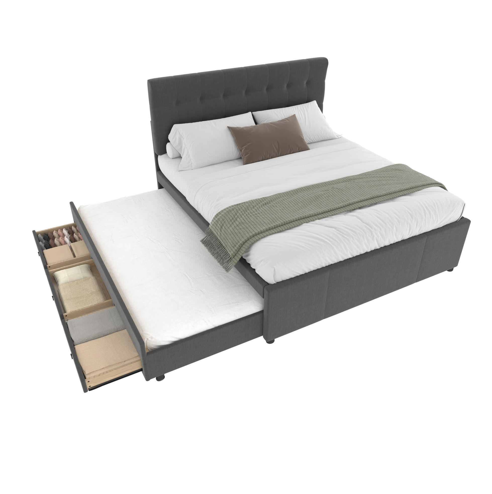 POLSTERBETT 140/200 cm grau mit ausziehbarem Bett und höhenverstellbarem Kopfteil Ohne Matratze - Grau, Textil (140/200cm) - OKWISH