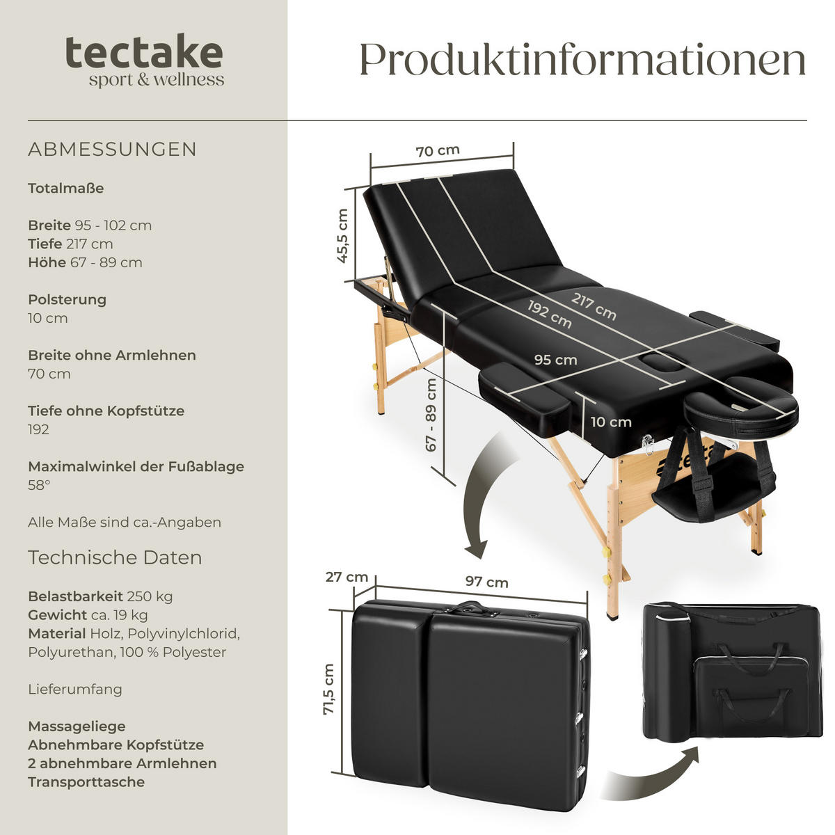 MASSAGELIEGE 3 Zonen, 218 x 102 x 90 cm,schwarz - Schwarz, Holz (102/90/218cm) - tectake