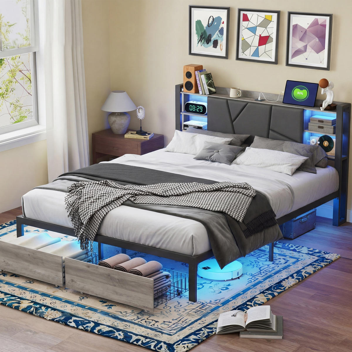 METALL-POLSTERBETT 140x200 cm Industrial Smart Charge mit RGB-LED, Ladestation und 2 Schubladen, Schwarz PU-Leder & Holz-Optik - Schwarz, Metall (140/200cm) - DELFA
