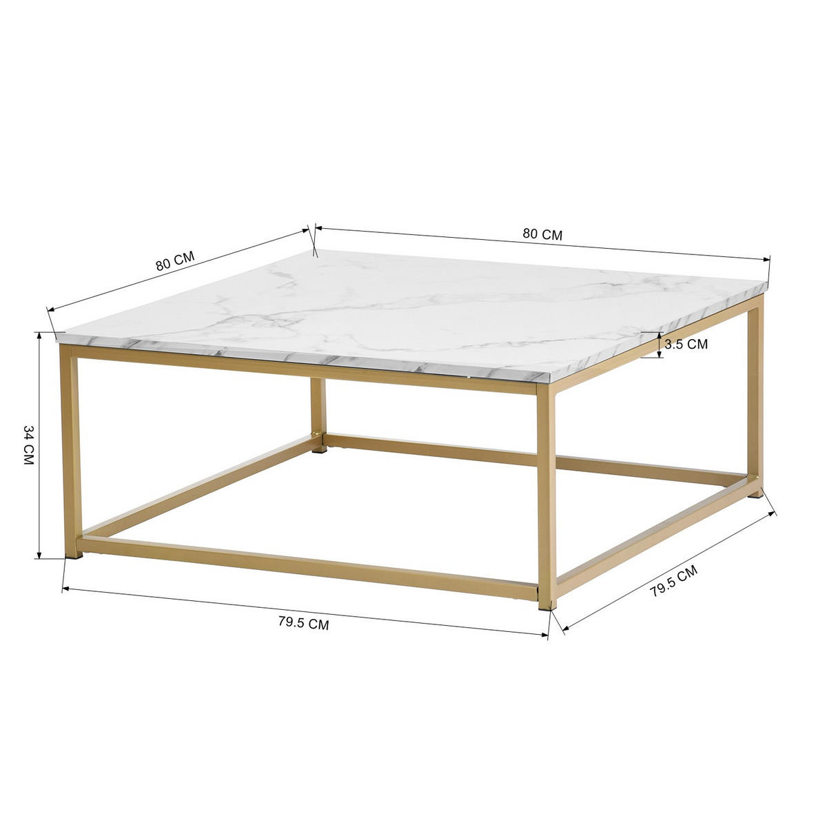 COUCHTISCH quadratisch Marmorimitation goldener Stahlrahmen - Schwarz/Weiß, Holz/Metall (80/80/34cm) - Urban Meuble