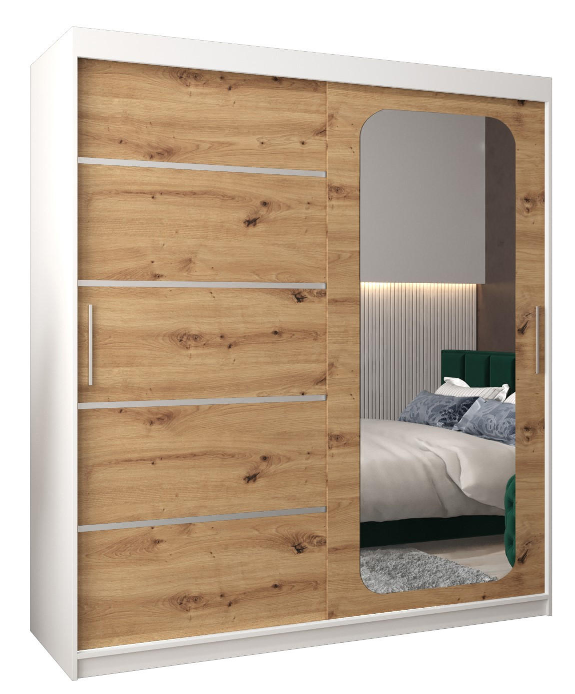 Abiks Möbel Schwebetürenschrank Weiß, Eiche Artisan 180x200x62 cm