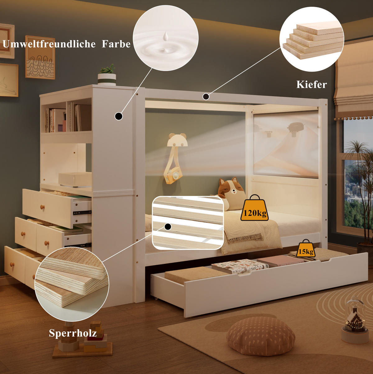 KINDERBETT aus Kiefernholz und MDF 90x200 cm Weiß mit Fallschutz, 5 Schubladen und seitlichem Stauraum - Weiß, Holzwerkstoff (90/200cm) - Modfu