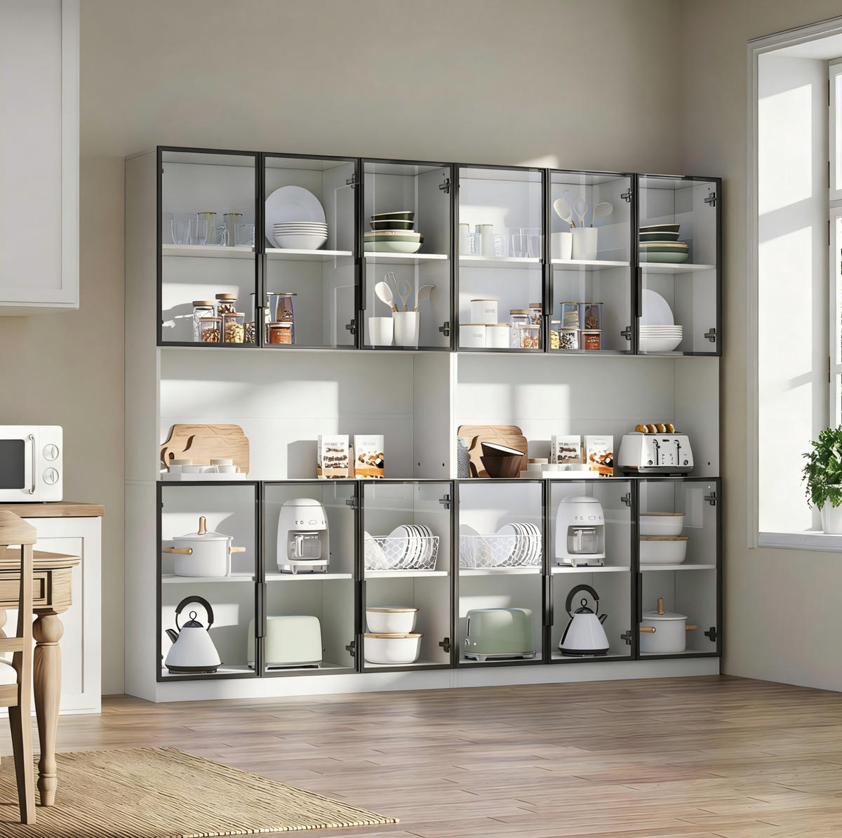 VITRINE 240/34/200 cm aus MDF und Glas mit LED-Beleuchtung und 12 Türen Weiß - Weiß, Holzwerkstoff (240/200/34cm) - Modenvie