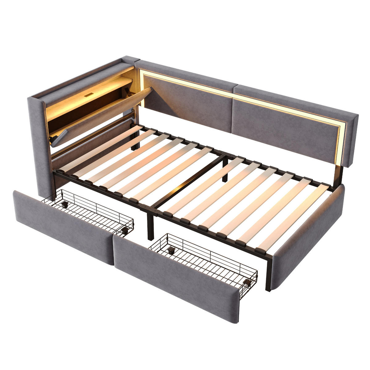 POLSTERBETT 90/200 cm dunkelgrau aus Samt mit LED und USB Kopfteil mit Stauraum - Dunkelgrau, Textil (90/200cm) - OKWISH