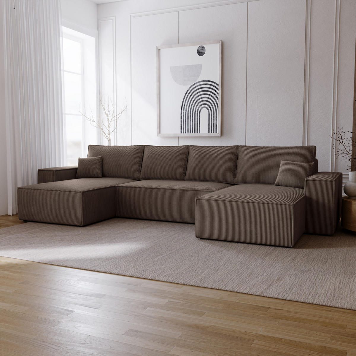 ECKSOFA U 380 cm Bergamo mit Schlaffunktion, Cordstoff, Braun - Braun, Holz (377/189cm) - Emporius