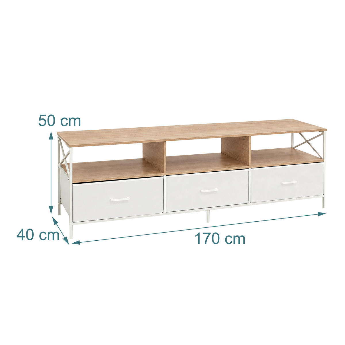 TV-KOMODA bijela imitacija drva ladice od tkanine 170 cm - višebojno, drvni materijal/metal (170/50/40cm) - Relaxdays