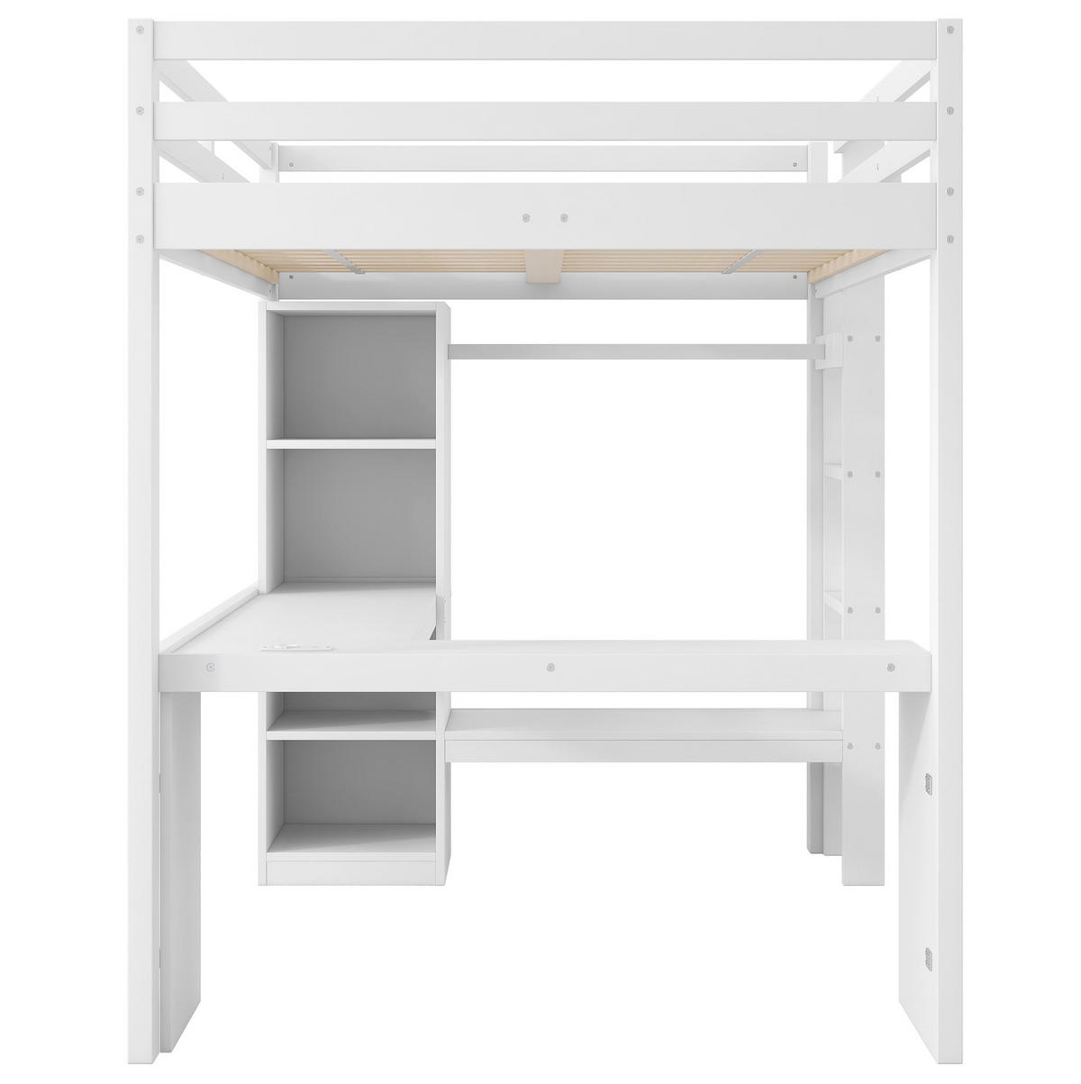 HOCHBETT 140/200 cm, Weiß mit Schreibtisch, LED, USB und Stauraum - Weiß, Holz (140/200cm) - MIVRAY
