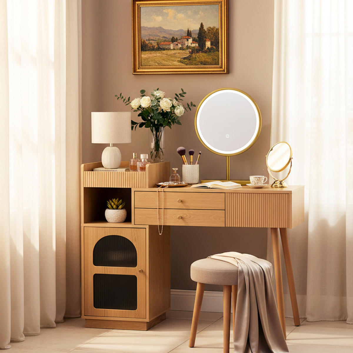 SCHMINKTISCH mit LED-Spiegel – Holzoptik, 3 Schubladen & Seitenschrank - Sonoma Eiche, Holzwerkstoff/Metall (120/90/40cm) - Urban Meuble