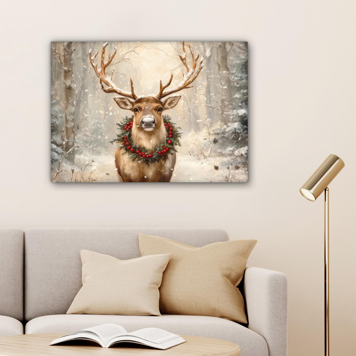LEINWANDBILD Weihnachten - Rentier - Winter - Kranz Wandbilder 80x60 cm - Naturfarben, Textil (80/60cm) - MuchoWow