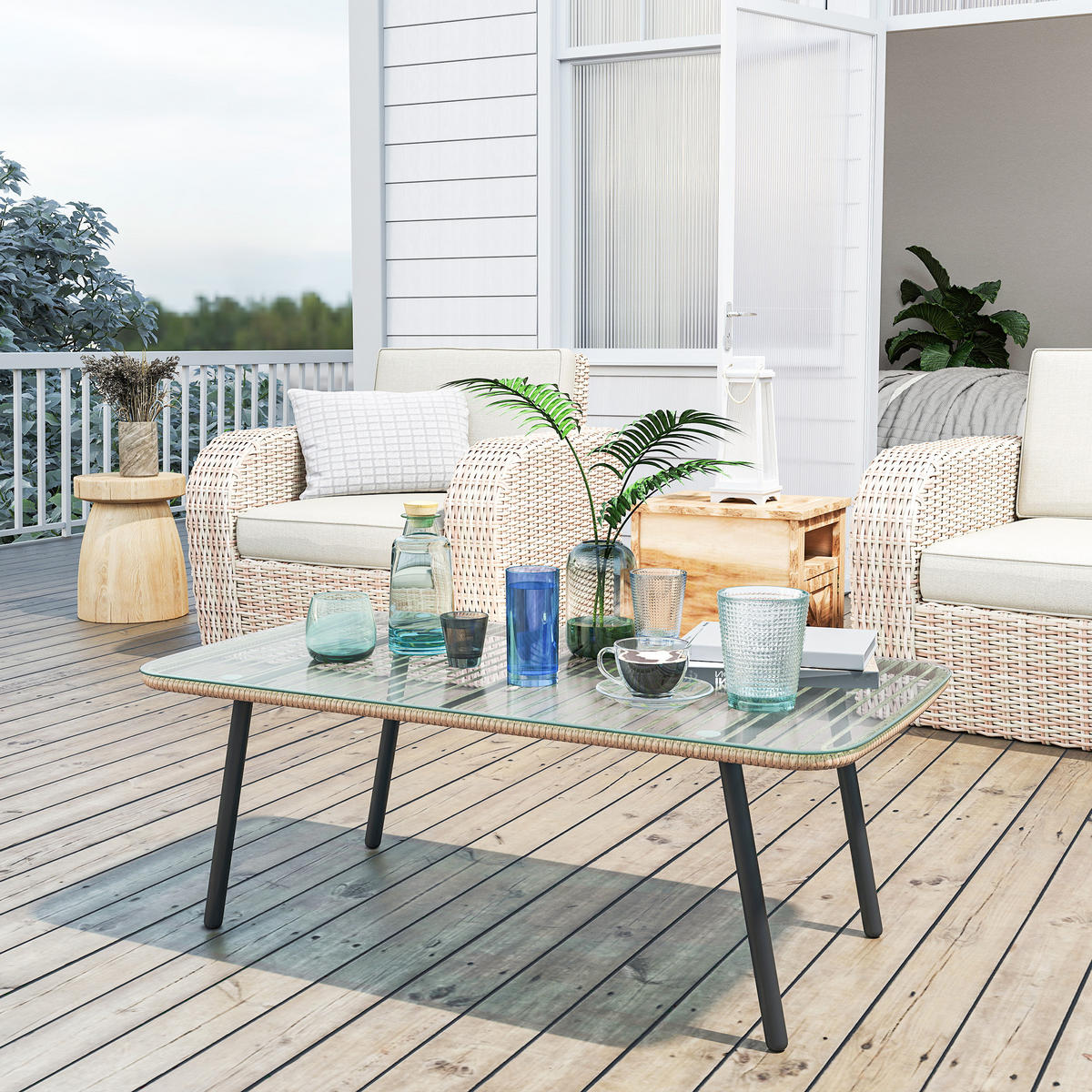 GARTENBEISTELLTISCH DE-13632 rechteckig mit Glasplatte, Holzoptik Natur - Naturfarben, Metall (110/60/40cm) - ComfortXL