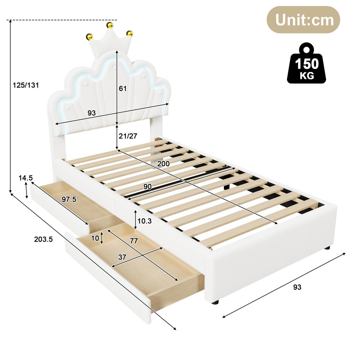 POLSTERBETT 90/200 cm Weiß aus PU mit LED-Licht und 2 Schubladen - Weiß, Kunststoff (90/200cm) - OKMYHOME