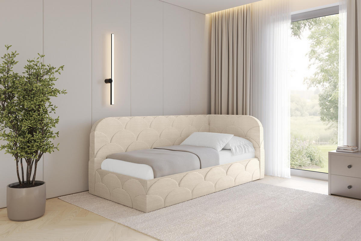 EINZELLBETT Jugendbett mit Bettkasten und Matratze H3/H4, Links - ELRY 90x200 Beige - Creme, Holzwerkstoff/Textil (90/200cm) - ALTDECOR