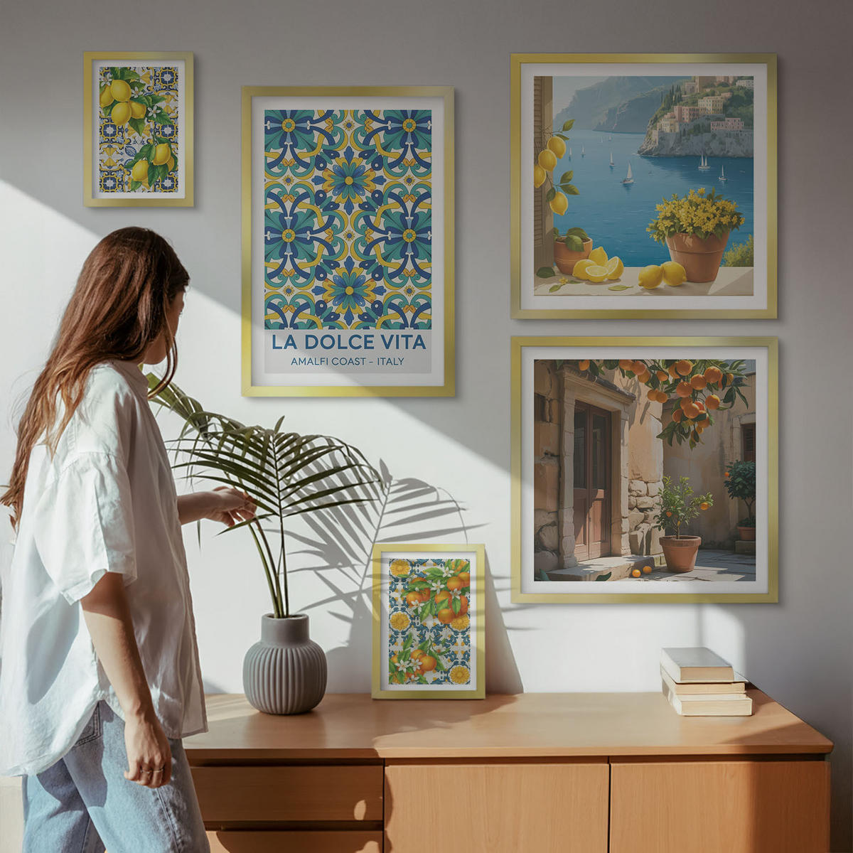 BILDER SET 5er Set - 50x50 cm & 20x30 cm & 40x60 cm Goldrahmen - Farbenfrohe abstrakte Zitrusfrüchte - Goldfarben, Kunststoff (40/60cm) - TULUP