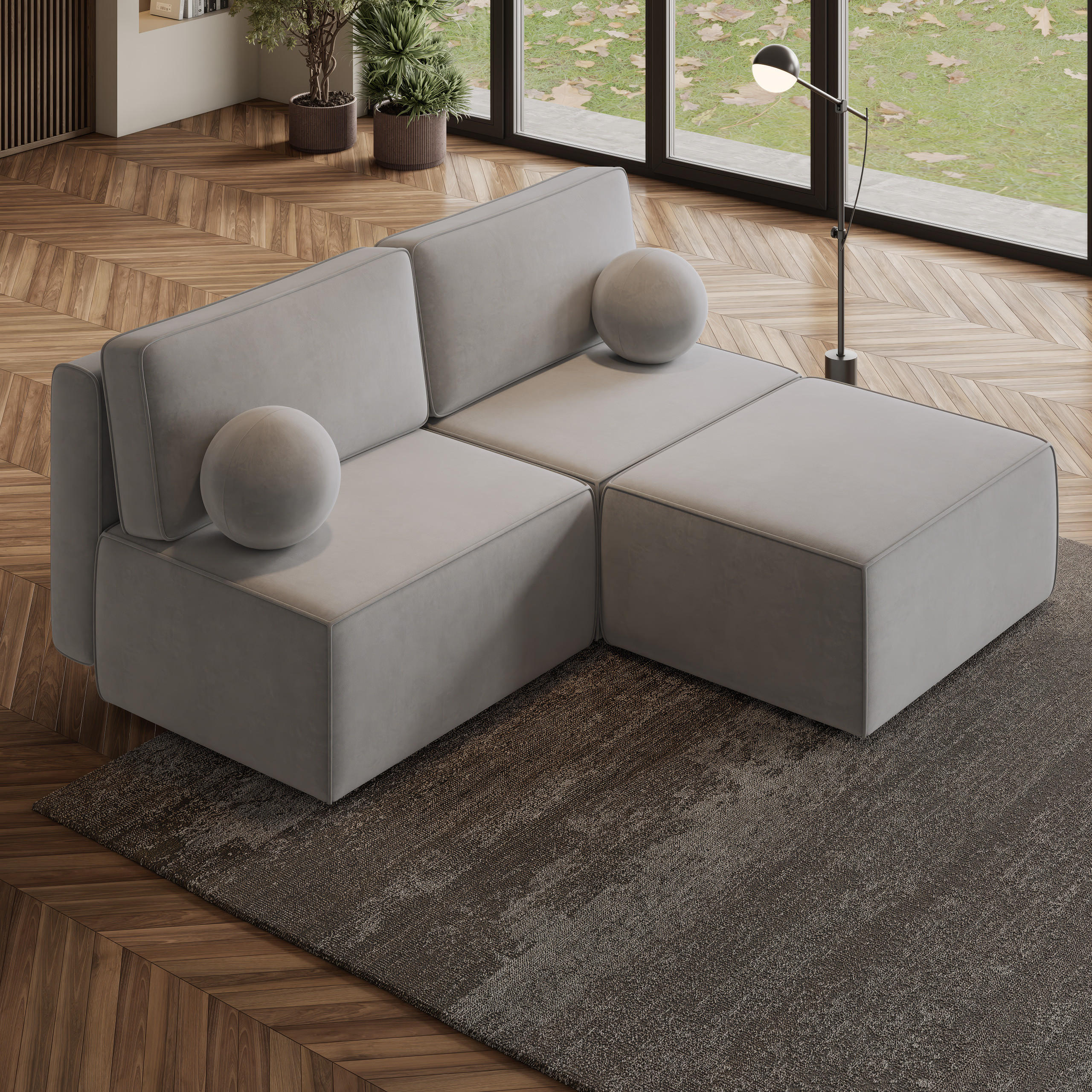 ECKSOFA VARNA M Hellgrau Velours-Stoff mit Schlaffunktion - Hellgrau, Holz (196/158cm) - MASSENO