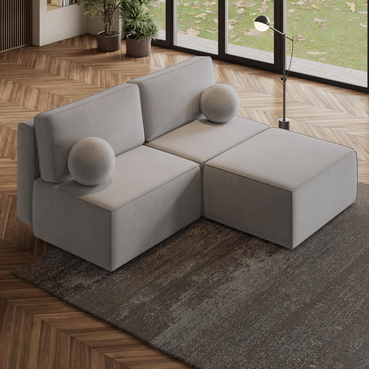ECKSOFA VARNA M Hellgrau Velours-Stoff mit Schlaffunktion - Hellgrau, Holz (196/158cm) - MASSENO