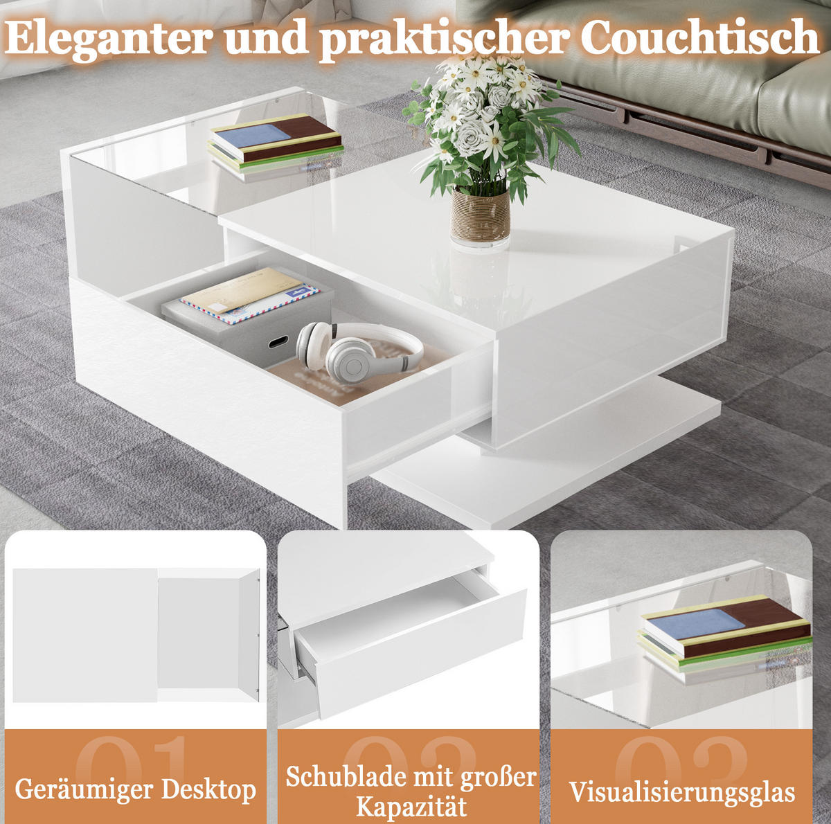 COUCHTISCH aus Spanplatte 105x55x32,5 cm Weiß Hochglanz mit Glasplatte, LED-Beleuchtung und Ablagefach - Weiß, Holzwerkstoff (105/55/32.5cm) - IVMEU
