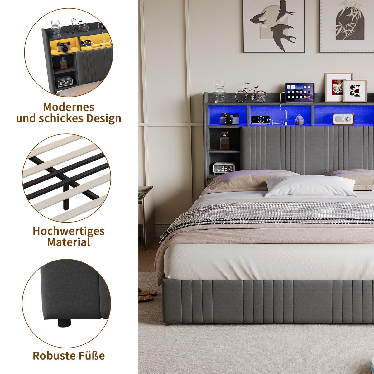 POLSTERBETT 160x200 cm LED USB 4 Schubladen Stauraum Kopfteil Leinen grau - Grau, Holz (160/200cm) - LEBENLANG