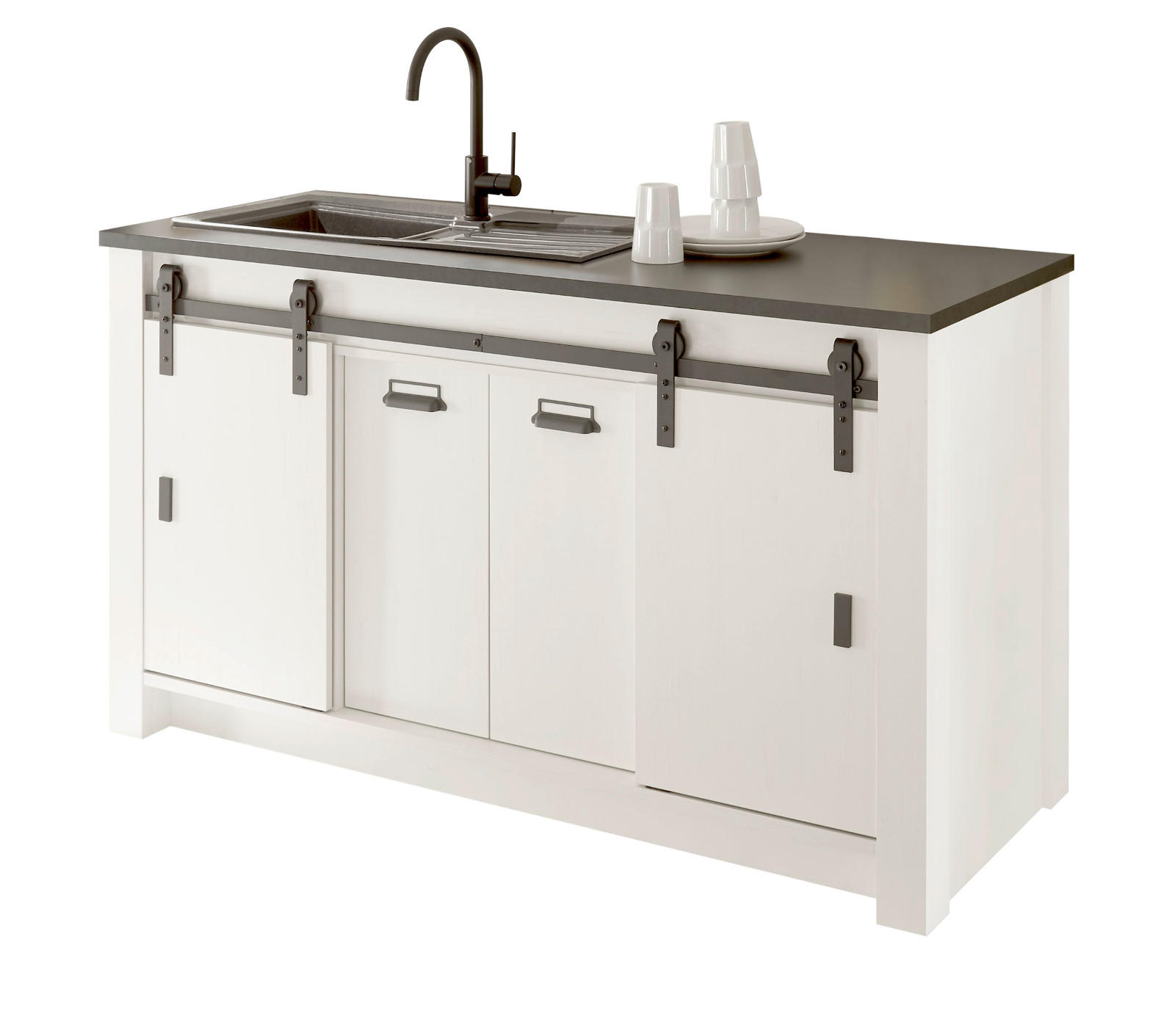 KÜCHENSCHRANK weiß Pinie, anthrazit Landhaus 161 cm, Küche Unterschrank für Spüle oder Kochfeld - Anthrazit/Schwarz, Holzwerkstoff/Metall (161/93/64cm) - Furn.Design