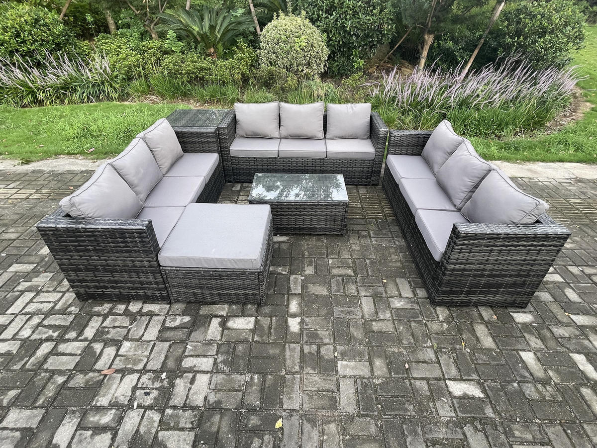 GARTENSET mit Beistelltisch Polyrattan 10-Sitzer - Dunkelgrau, Metall - Fimous