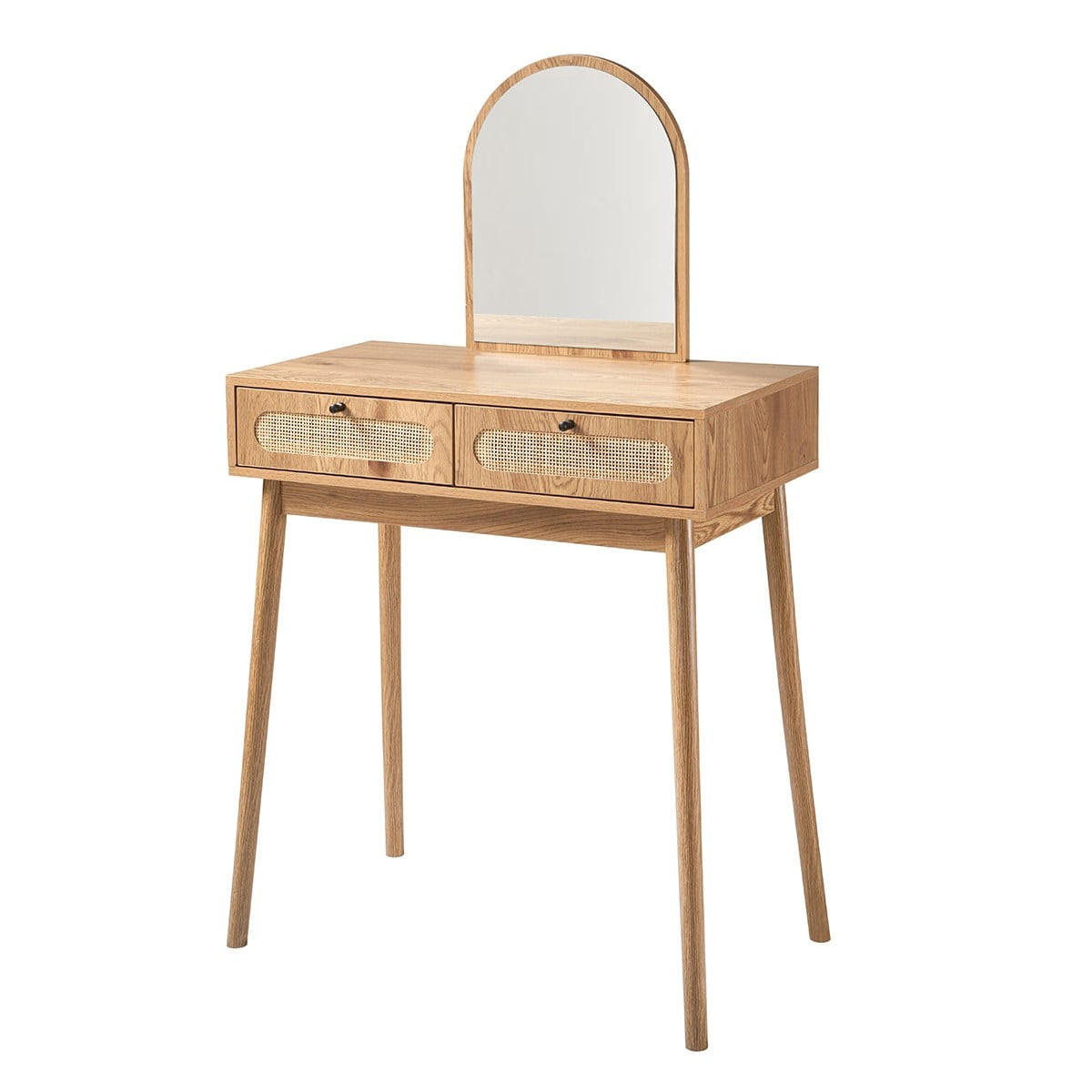 SCHMONKTISCH mit Spiegel und 2 Schubladen Rattanfronten 80/39/140 cm - Eschefarben, Holzwerkstoff (39/140/45cm) - Calicosy