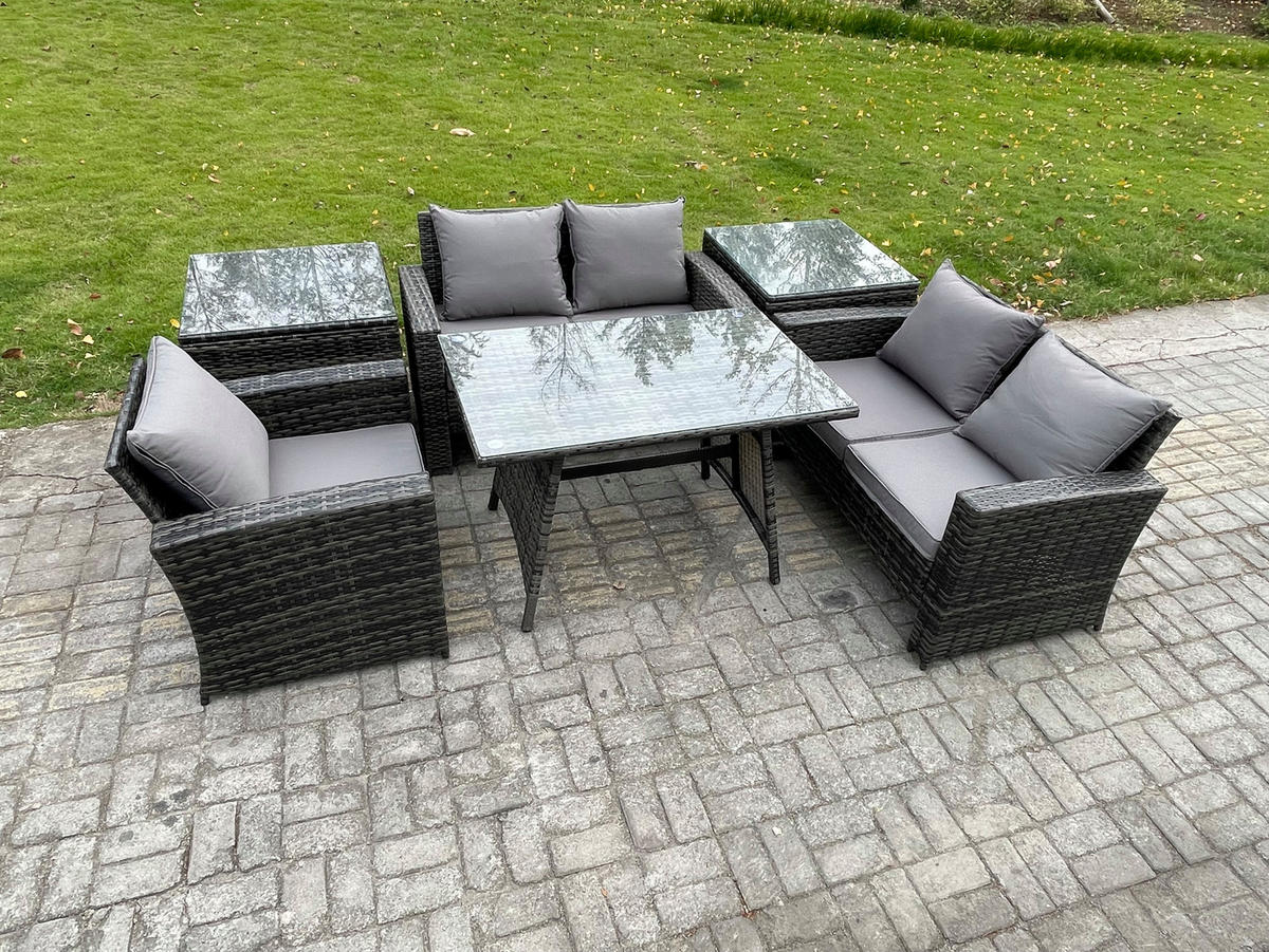 GARTENMÖBELSET mit ESSTISCH,HOCHLEHNER-SOFA Polyrattan Dunkelgrauer Mix 5-Sitzer - Dunkelgrau/Grau, Glas/Kunststoff - Fimous