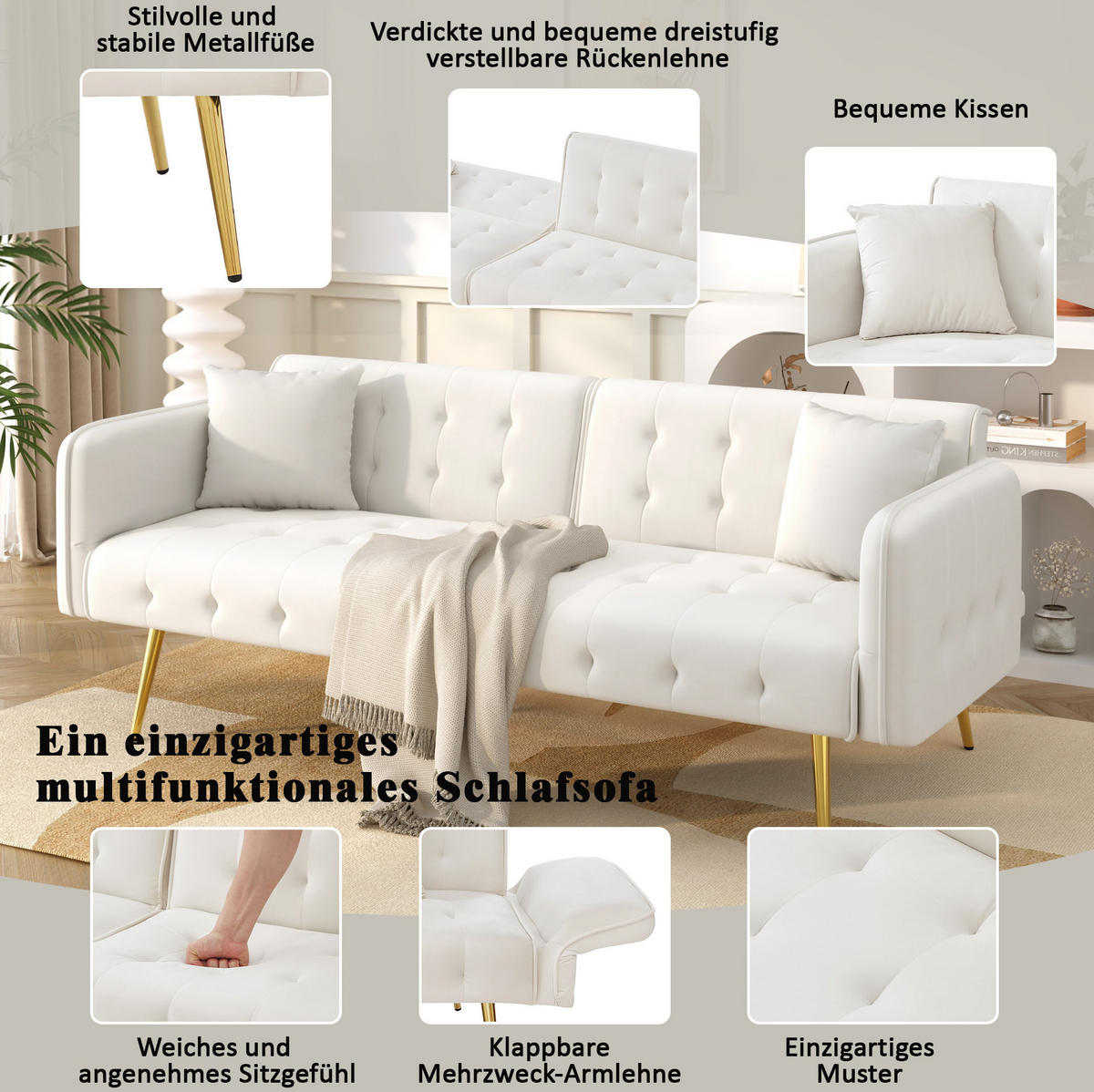 SOFABETT Samt mit verstellbarer Rückenlehne und Armlehnen Antikweiß 178/82/70 cm - Weiß, Textil (82/70/178cm) - Redom
