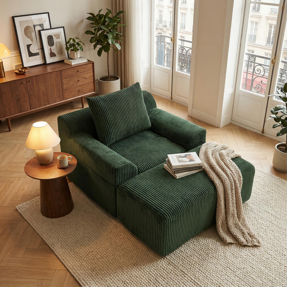 SESSEL mit Hocker in Cord Übergroßer Relaxsessel - Grün, Textil (147/67/110cm) - Urban Meuble