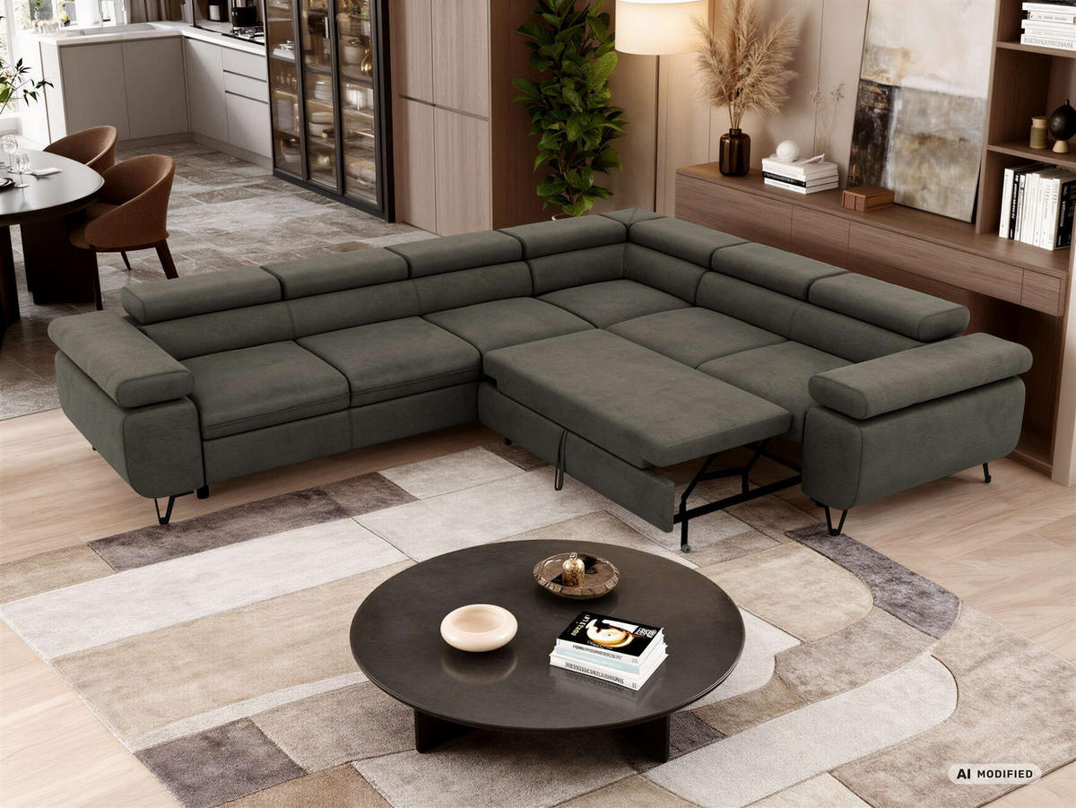 ECKSOFA NORDEN L - Dunkelgrau Velvet - Links Seite - Dunkelgrau/Anthrazit, Textil/Metall (269/329cm) - MKS