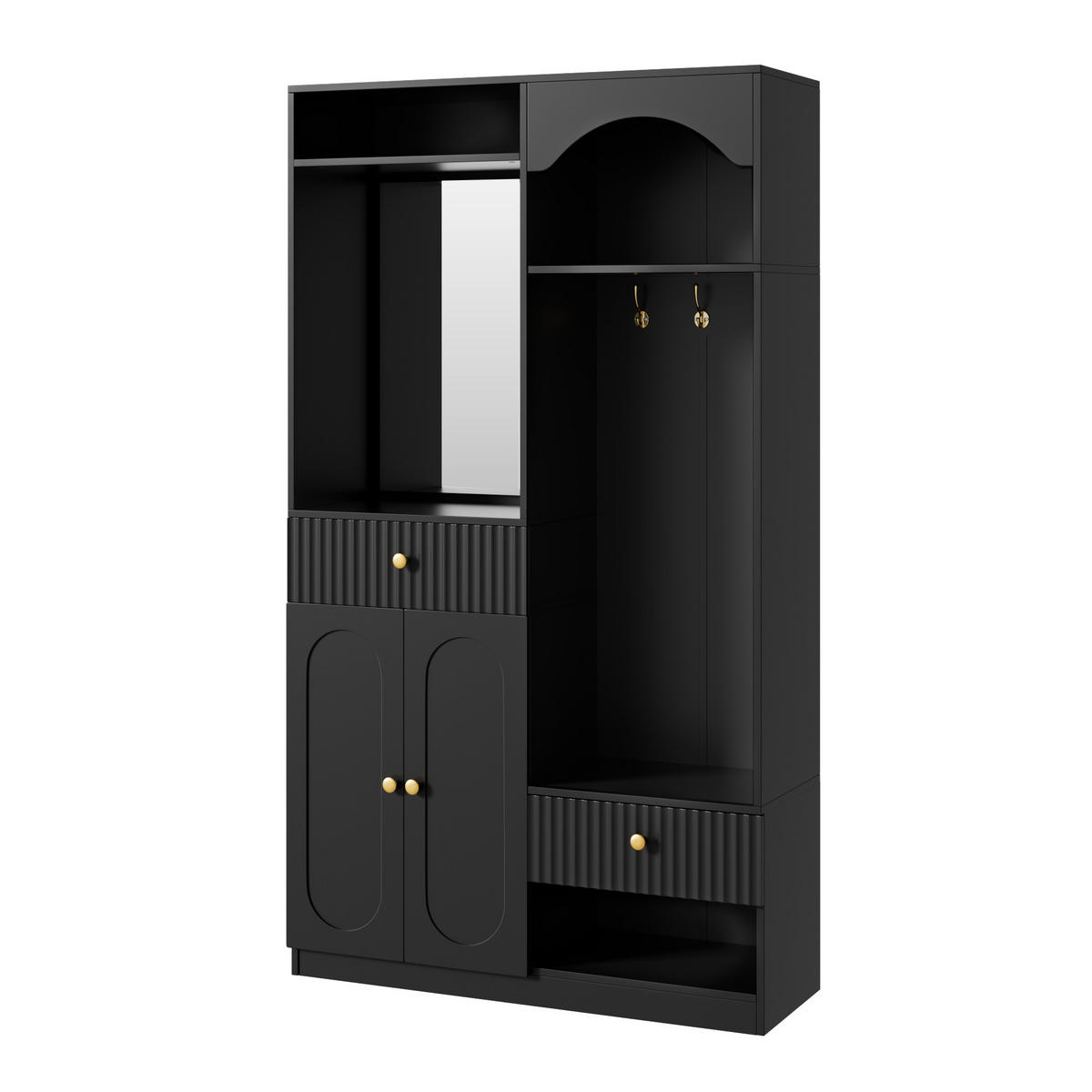 GARDEROBE Garderobenmöbel Flur mit Spiegel Sitzbank Haken Schubladen MDF Rillenoptik oval modern - Schwarz, Holzwerkstoff (100/180/35cm) - EVRYAE